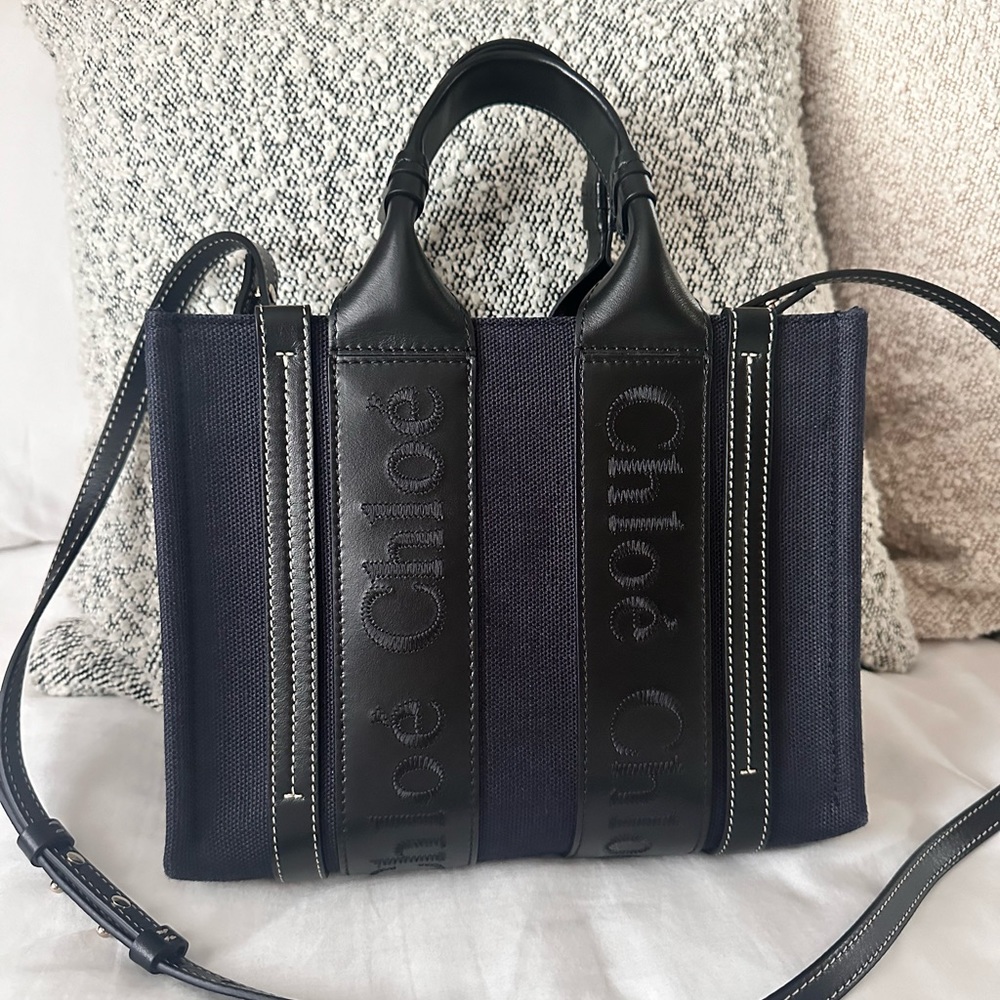 Chloe Woody Small Canvas Tote Bag Navy w/ Black Leather